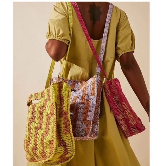 Free People Brunch Date Brown Green Yellow Raffia Purse NWOT - Picture 3 of 9